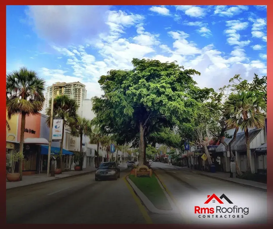 A bustling street scene on East Las Olas Boulevard, Fort Lauderdale, featuring shops, restaurants, and pedestrians enjoying the lively atmosphere.